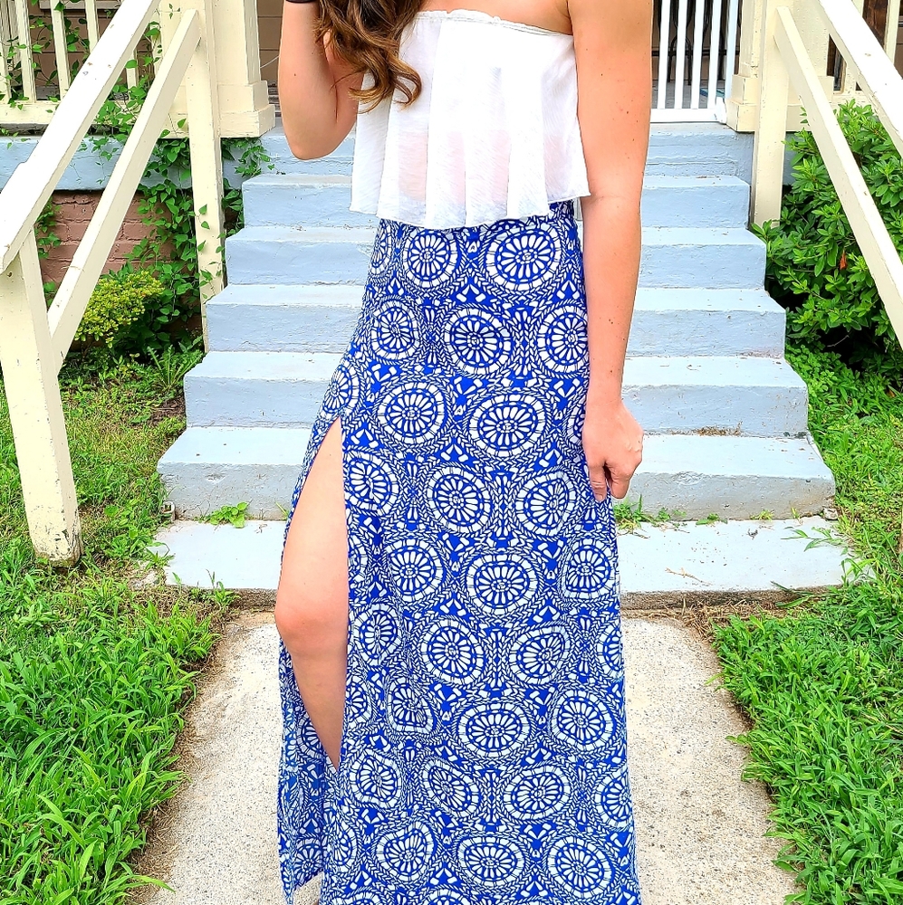 Show Me Your Mumu Blue and White Maxi Skirt